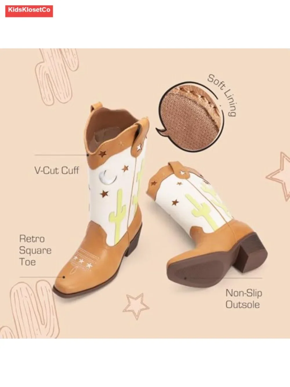 Kids Cowgirl Boots with Square Toe Low Heel Pull On